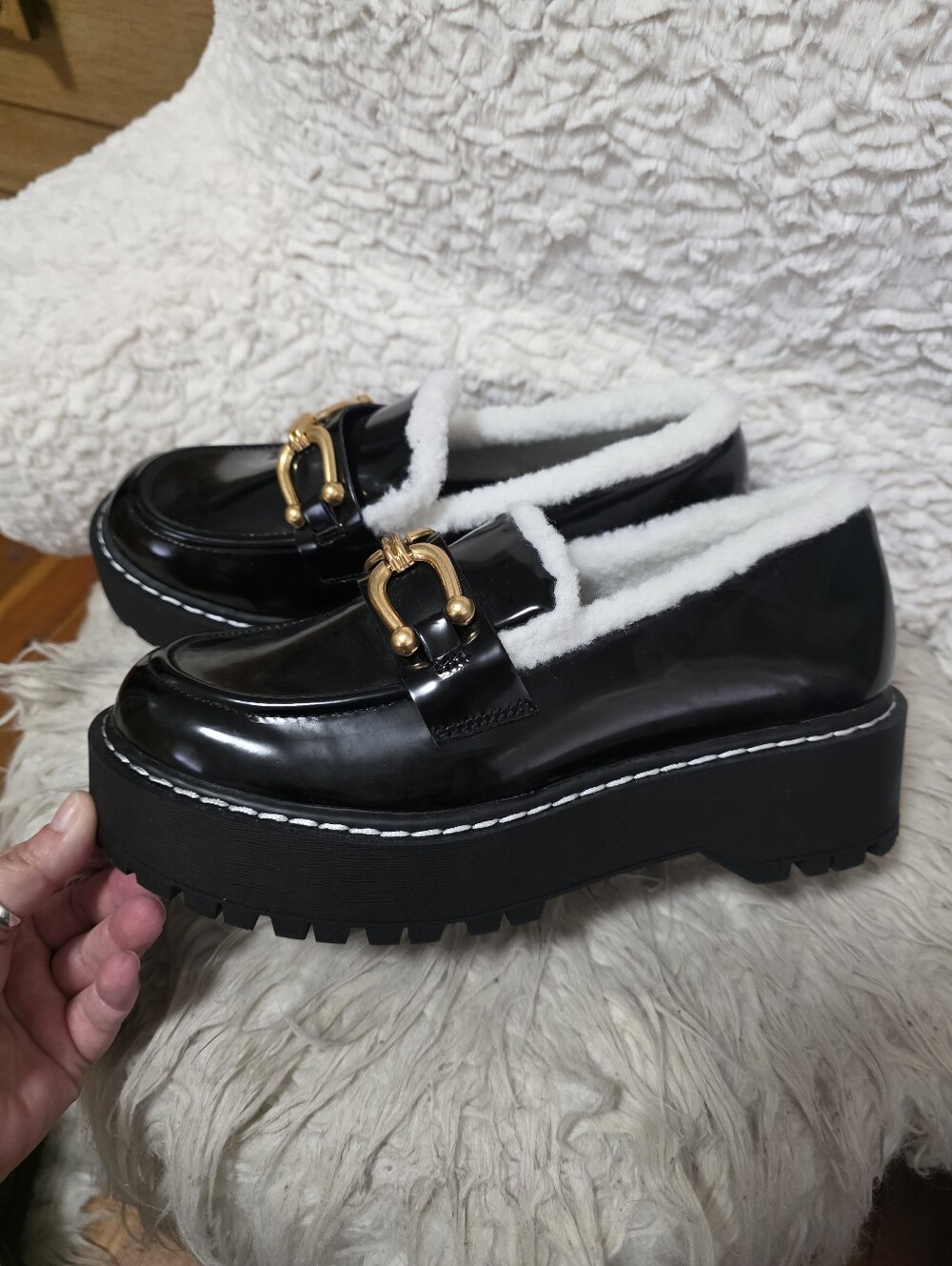 Torrid Black Faux-Fur Lined Platform Loafers with Gold Buckle